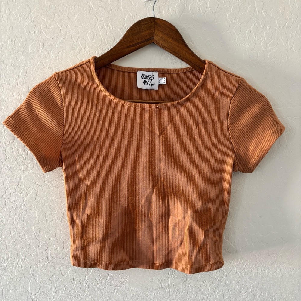 Princess Polly Ribbed Crop Top Fitted Short Sleeve Brown Size US 4